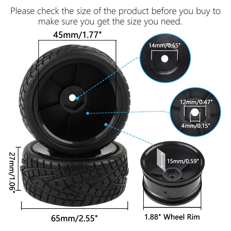 Rowiz 4PCS 1:10 On Road RC Tires 12mm Hub Wheel Rims Concentric Hard Dish for Touring Racing Cars, Black - Image 3